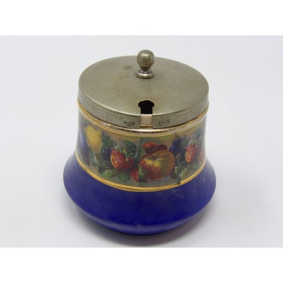 Meir Wade Staffordshire Porcelain Jam Jar Blue with Gold Trim Adorned with Fruit - Picture 2 of 10